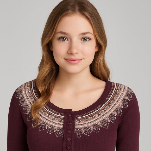 Free People We The Free Waffle Knit Thermal Henley Embroidered Burgundy Medium - Picture 13 of 14
